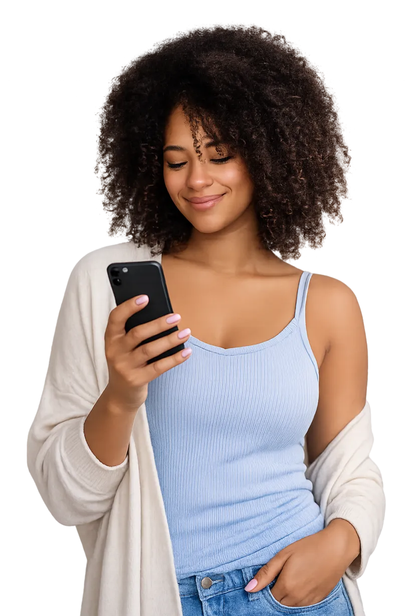 Criadora sorrindo enquanto vê o Instagram no celular